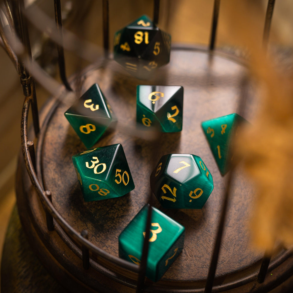 Gemstone Dark Green Cats Eye Stone Hand Carved DND Dice Set (ONLINE ORDER ONLY)