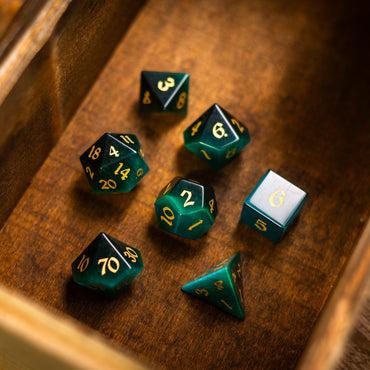 Gemstone Dark Green Cats Eye Stone Hand Carved DND Dice Set (ONLINE ORDER ONLY)