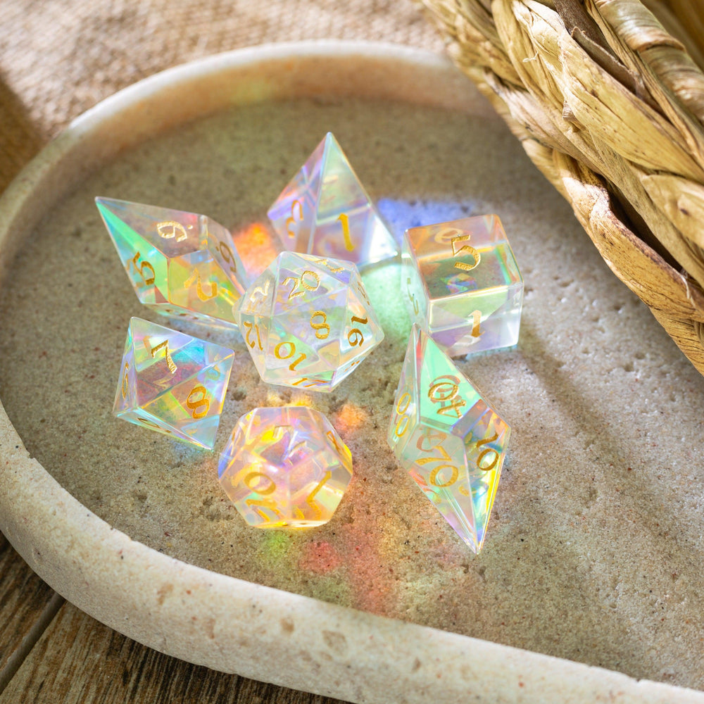 Gemstone Dichroic Glass Elven Cut DND Dice Set (ONLINE ORDER ONLY)