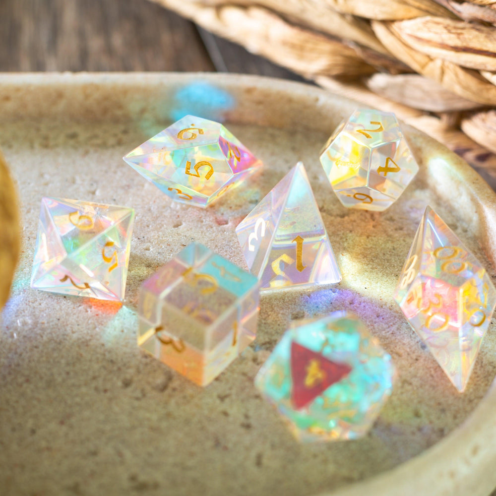 Gemstone Dichroic Glass Elven Cut DND Dice Set (ONLINE ORDER ONLY)