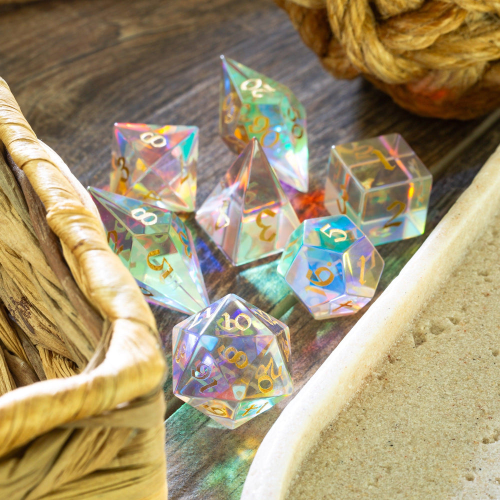 Gemstone Dichroic Glass Elven Cut DND Dice Set (ONLINE ORDER ONLY)