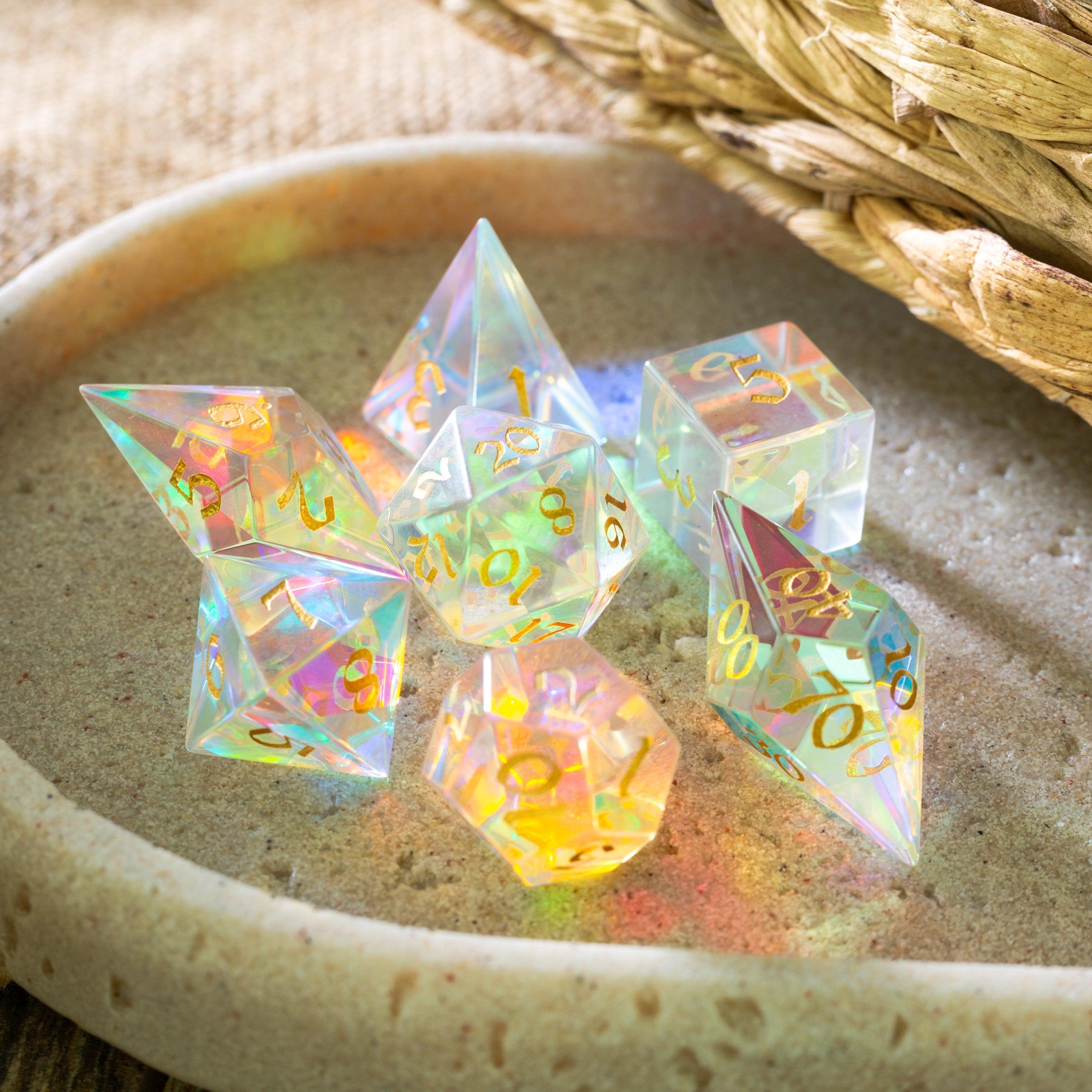 Gemstone Dichroic Glass Elven Cut DND Dice Set (ONLINE ORDER ONLY)