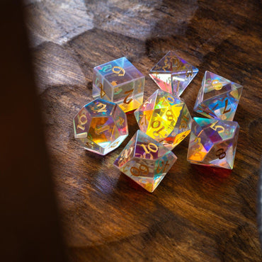 Gemstone Dichroic Glass Hand Carved DND Dice Set (ONLINE ORDER ONLY)