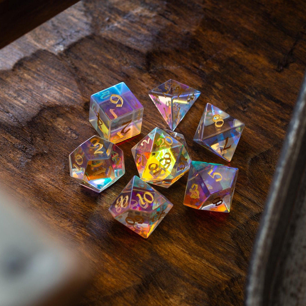 Gemstone Dichroic Glass Hand Carved DND Dice Set (ONLINE ORDER ONLY)