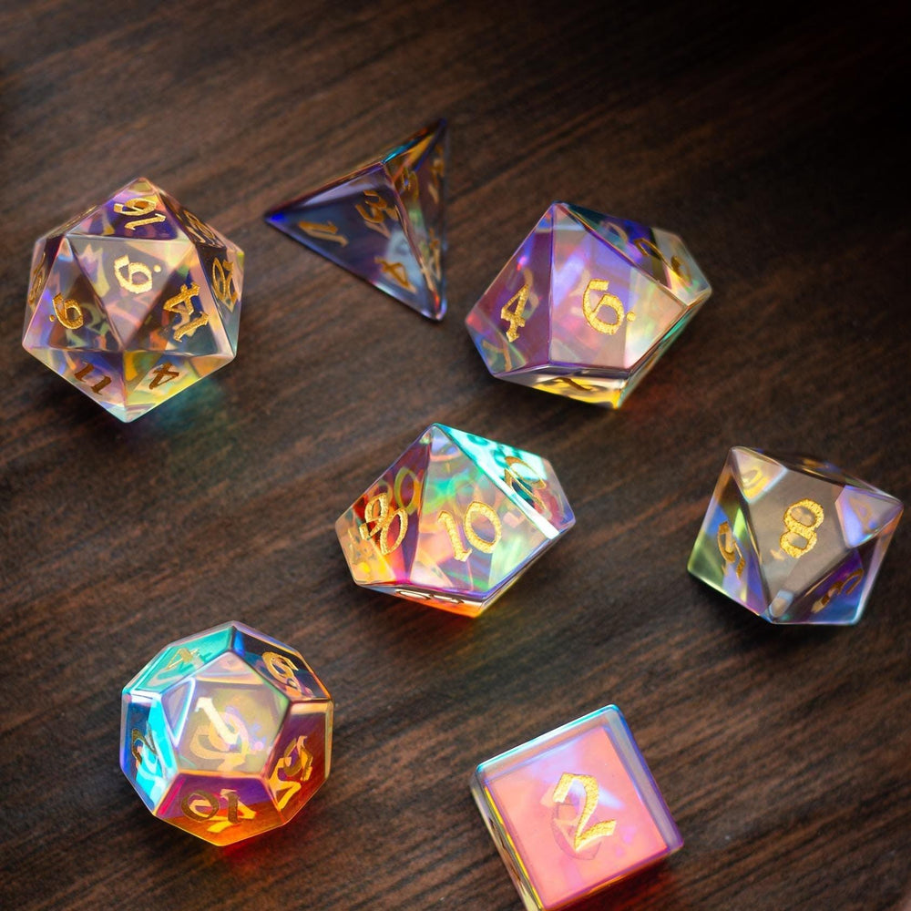 Gemstone Dichroic Glass Hand Carved DND Dice Set (ONLINE ORDER ONLY)
