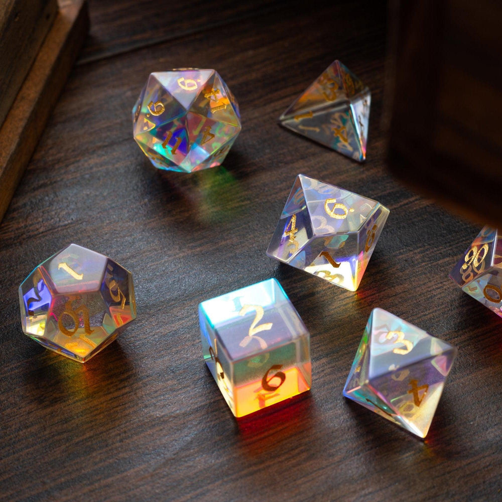 Gemstone Dichroic Glass Hand Carved DND Dice Set (ONLINE ORDER ONLY)