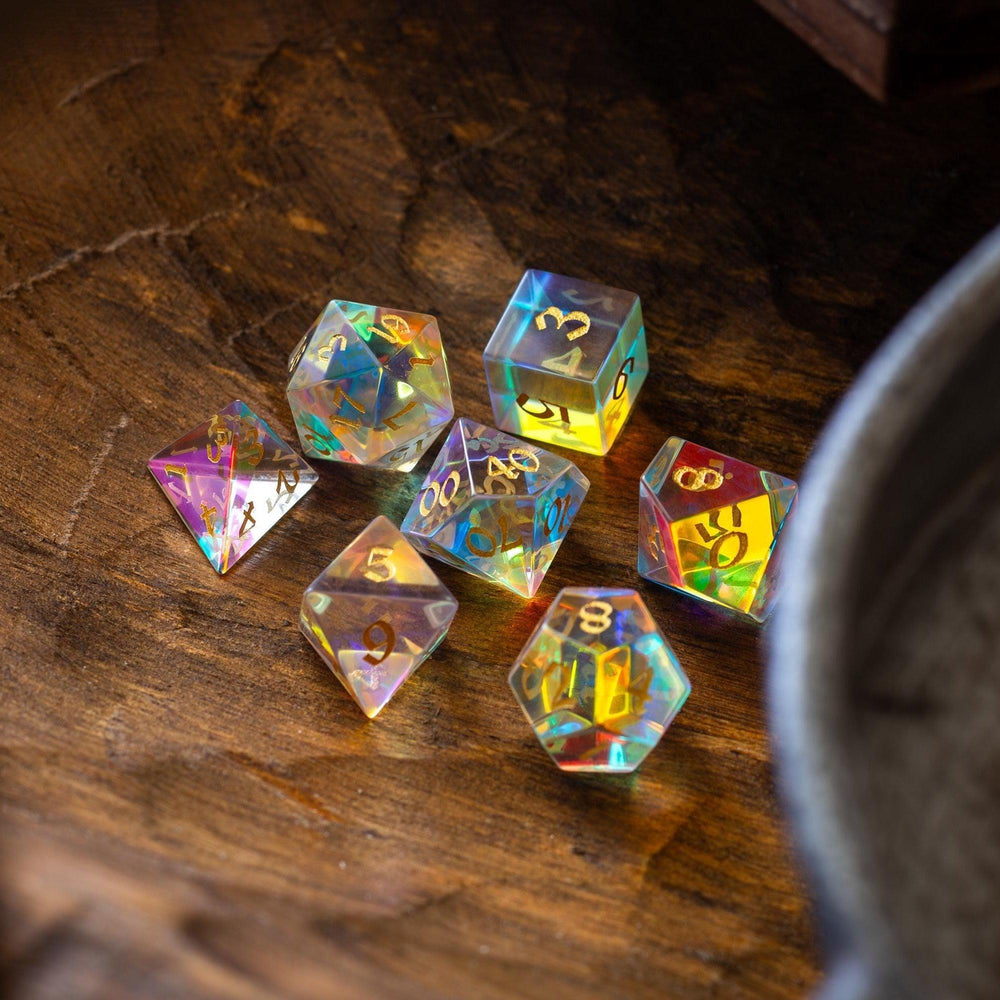 Gemstone Dichroic Glass Hand Carved DND Dice Set (ONLINE ORDER ONLY)