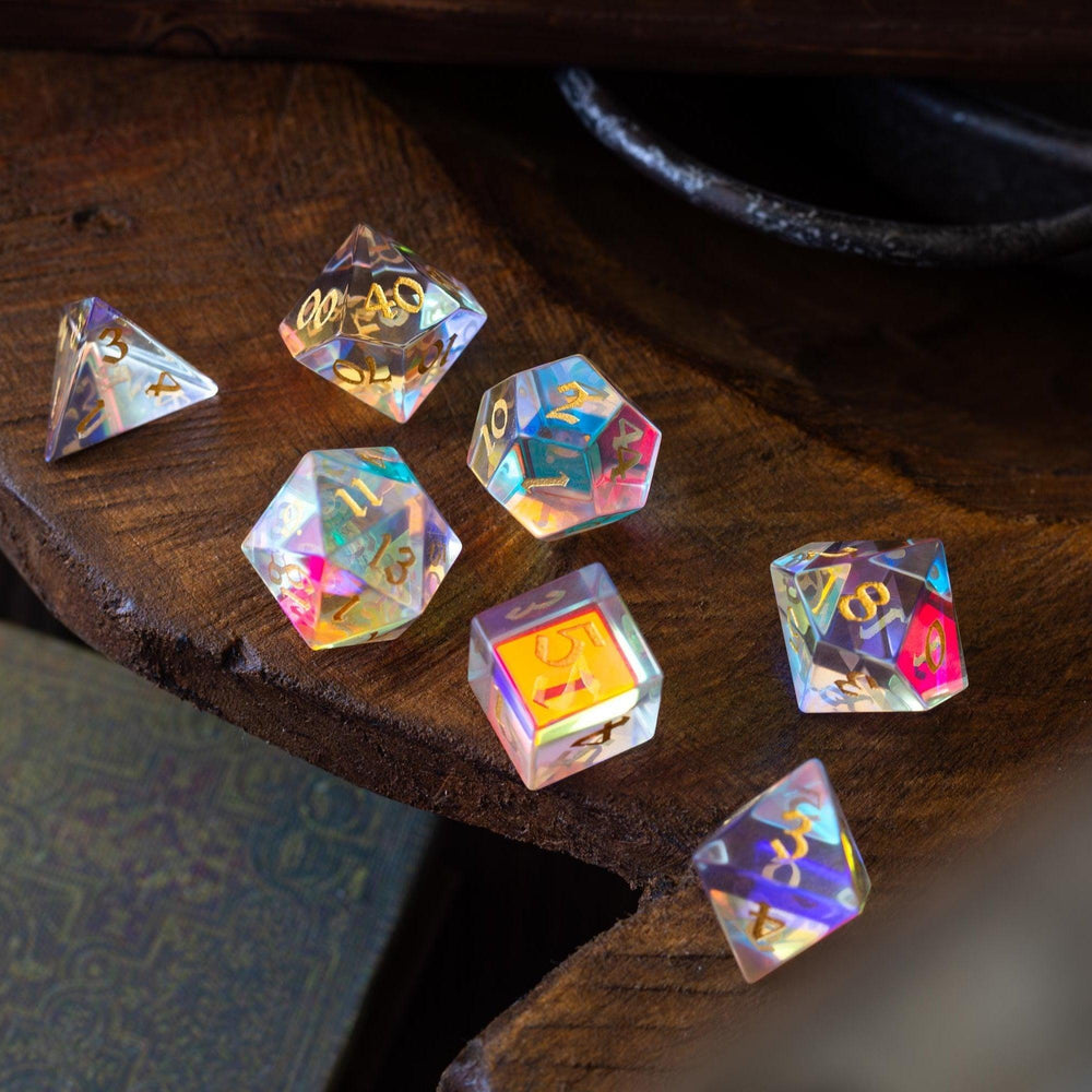 Gemstone Dichroic Glass Hand Carved DND Dice Set (ONLINE ORDER ONLY)