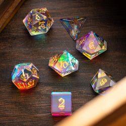 Gemstone Dichroic Glass Hand Carved DND Dice Set (ONLINE ORDER ONLY)