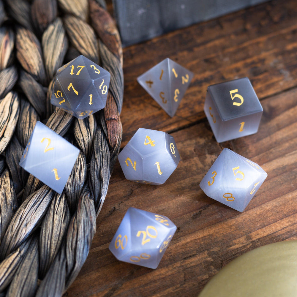 Gemstone Gray Cats Eye Stone DND Dice Set (ONLINE ORDER ONLY)