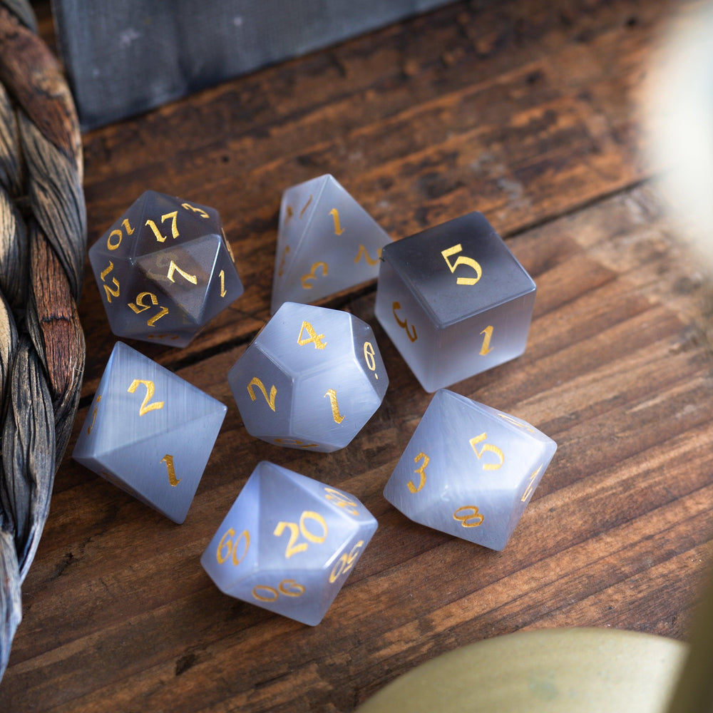 Gemstone Gray Cats Eye Stone DND Dice Set (ONLINE ORDER ONLY)