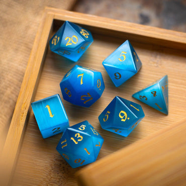 Gemstone Light Blue Cats Eye Stone Hand Carved DND Dice Set (ONLINE ORDER ONLY)