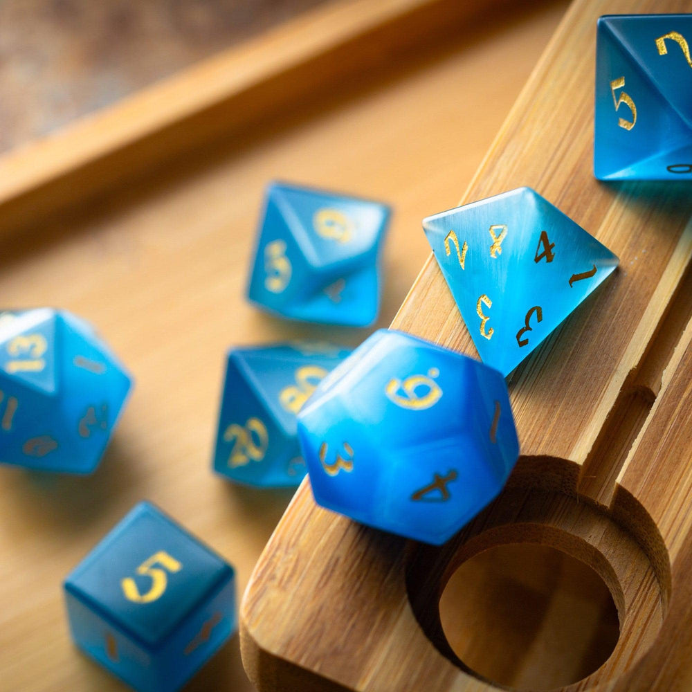 Gemstone Light Blue Cats Eye Stone Hand Carved DND Dice Set (ONLINE ORDER ONLY)