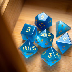 Gemstone Light Blue Cats Eye Stone Hand Carved DND Dice Set (ONLINE ORDER ONLY)