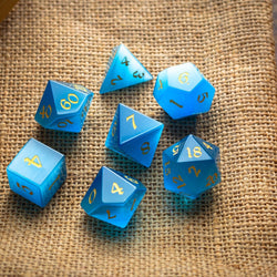 Gemstone Light Blue Cats Eye Stone Hand Carved DND Dice Set (ONLINE ORDER ONLY)