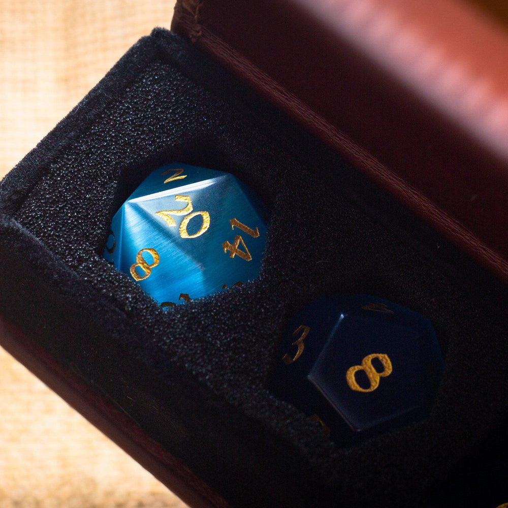 Gemstone Light Blue Cats Eye Stone Hand Carved DND Dice Set (ONLINE ORDER ONLY)