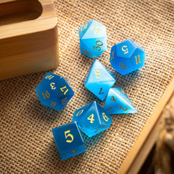 Gemstone Light Blue Cats Eye Stone Hand Carved DND Dice Set (ONLINE ORDER ONLY)