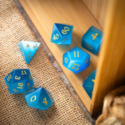 Gemstone Light Blue Cats Eye Stone Hand Carved DND Dice Set (ONLINE ORDER ONLY)