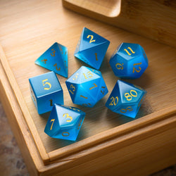 Gemstone Light Blue Cats Eye Stone Hand Carved DND Dice Set (ONLINE ORDER ONLY)