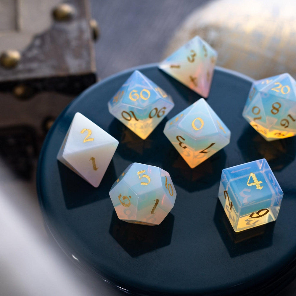 Gemstone Opalite (Gold Font) Hand Carved DND Dice Set (ONLINE ORDER ONLY)