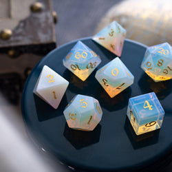 Gemstone Opalite (Gold Font) Hand Carved DND Dice Set (ONLINE ORDER ONLY)