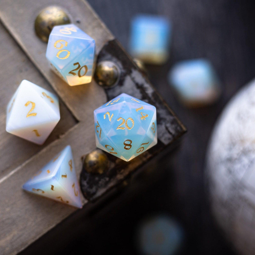 Gemstone Opalite (Gold Font) Hand Carved DND Dice Set (ONLINE ORDER ONLY)