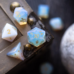 Gemstone Opalite (Gold Font) Hand Carved DND Dice Set (ONLINE ORDER ONLY)