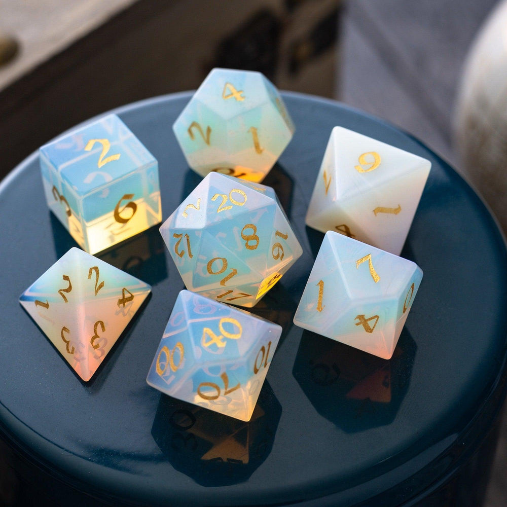 Gemstone Opalite (Gold Font) Hand Carved DND Dice Set (ONLINE ORDER ONLY)