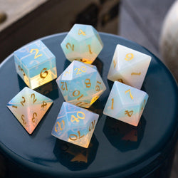 Gemstone Opalite (Gold Font) Hand Carved DND Dice Set (ONLINE ORDER ONLY)
