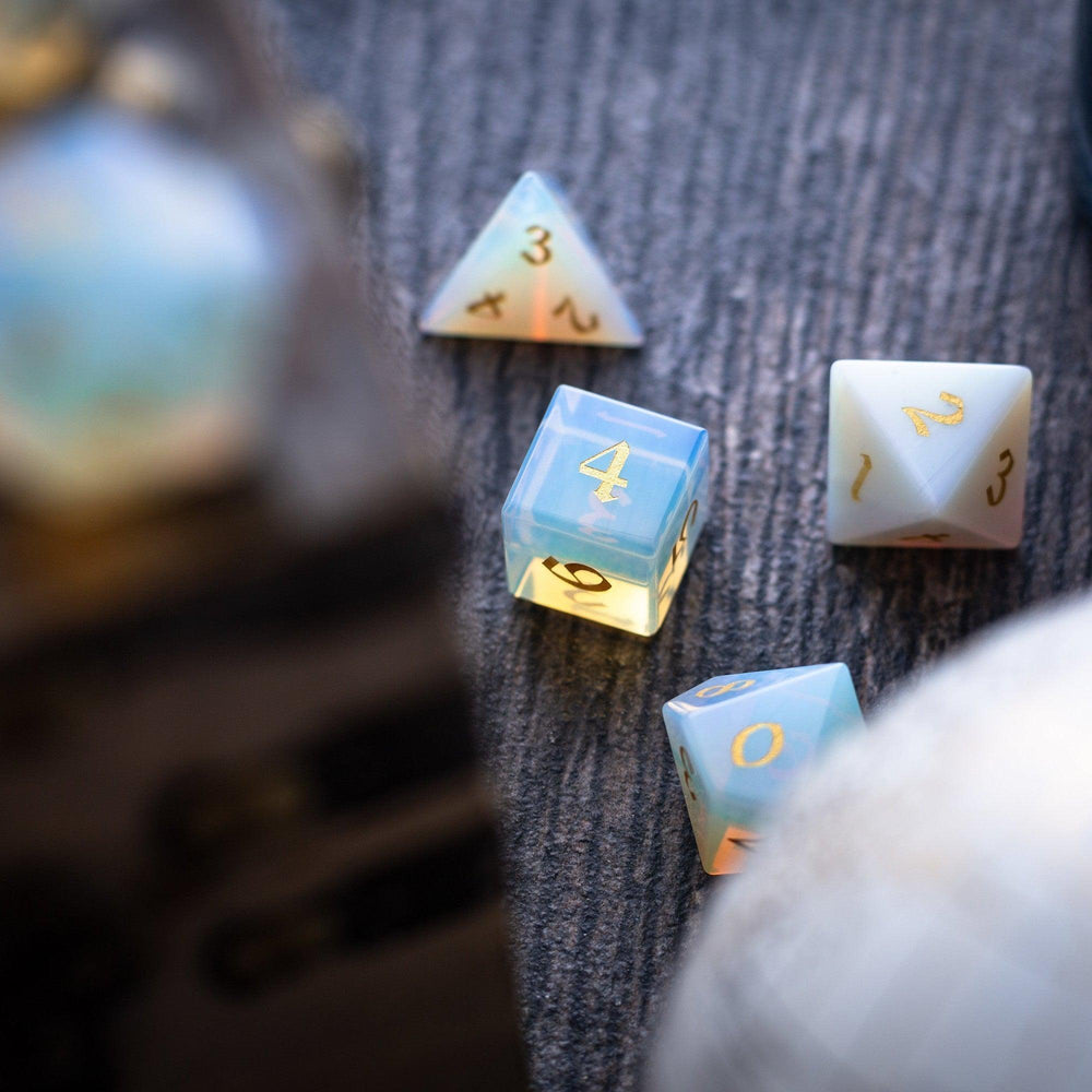Gemstone Opalite (Gold Font) Hand Carved DND Dice Set (ONLINE ORDER ONLY)