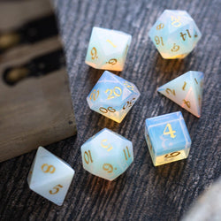 Gemstone Opalite (Gold Font) Hand Carved DND Dice Set (ONLINE ORDER ONLY)
