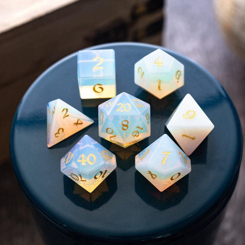 Gemstone Opalite (Gold Font) Hand Carved DND Dice Set (ONLINE ORDER ONLY)
