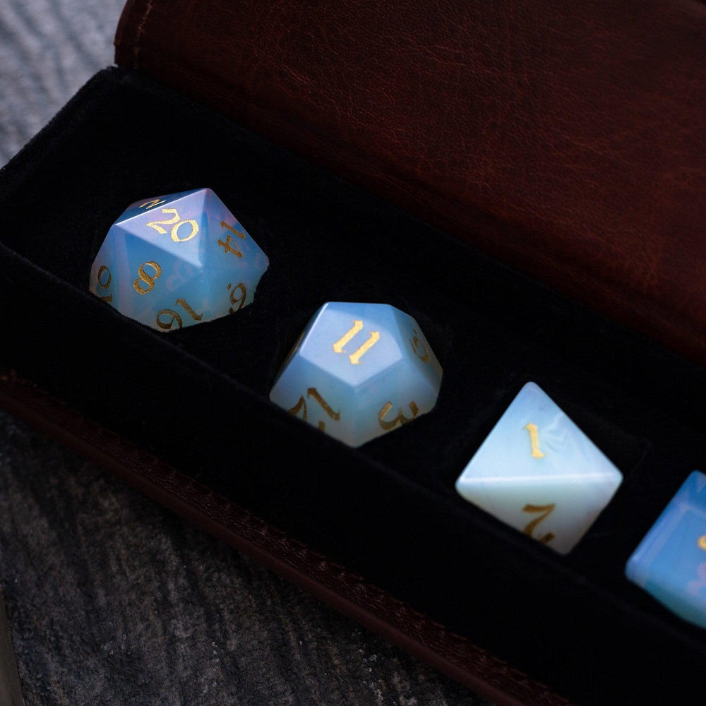 Gemstone Opalite (Gold Font) Hand Carved DND Dice Set (ONLINE ORDER ONLY)