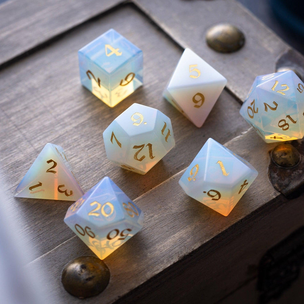 Gemstone Opalite (Gold Font) Hand Carved DND Dice Set (ONLINE ORDER ONLY)