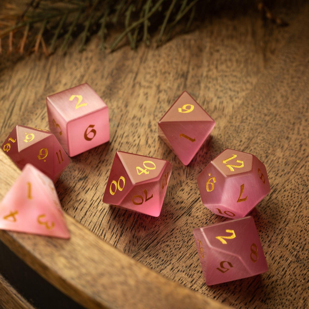 Gemstone Pink Watermelon Cats Eye Stone Hand Carved DND Dice Set (ONLINE ORDER ONLY)