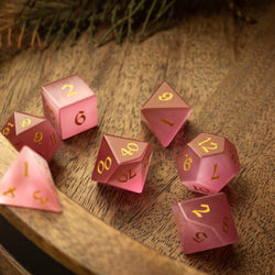Gemstone Pink Watermelon Cats Eye Stone Hand Carved DND Dice Set (ONLINE ORDER ONLY)