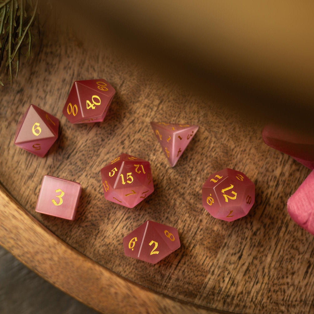 Gemstone Pink Watermelon Cats Eye Stone Hand Carved DND Dice Set (ONLINE ORDER ONLY)