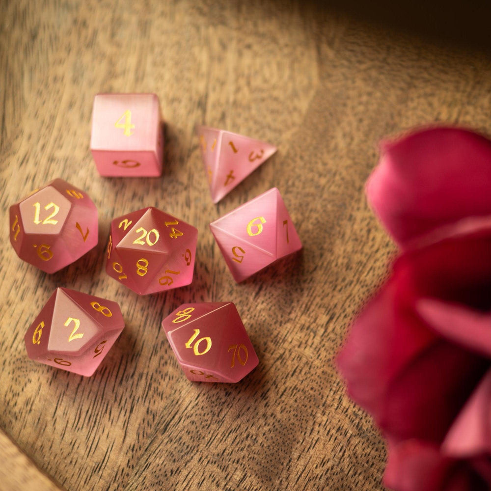 Gemstone Pink Watermelon Cats Eye Stone Hand Carved DND Dice Set (ONLINE ORDER ONLY)