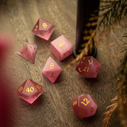 Gemstone Pink Watermelon Cats Eye Stone Hand Carved DND Dice Set (ONLINE ORDER ONLY)