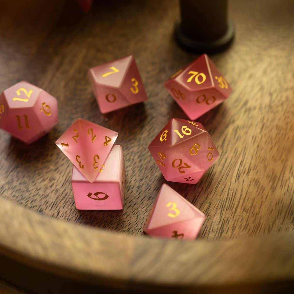 Gemstone Pink Watermelon Cats Eye Stone Hand Carved DND Dice Set (ONLINE ORDER ONLY)