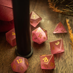 Gemstone Pink Watermelon Cats Eye Stone Hand Carved DND Dice Set (ONLINE ORDER ONLY)
