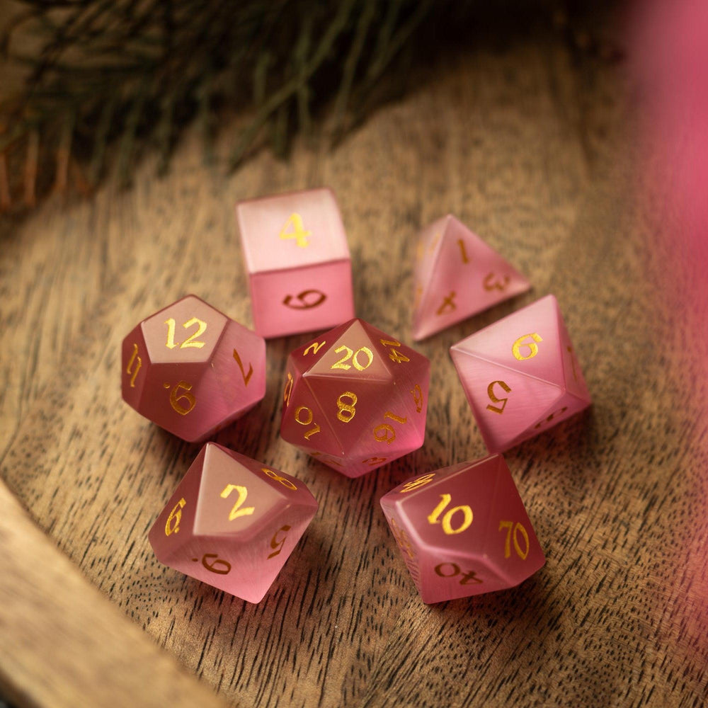 Gemstone Pink Watermelon Cats Eye Stone Hand Carved DND Dice Set (ONLINE ORDER ONLY)