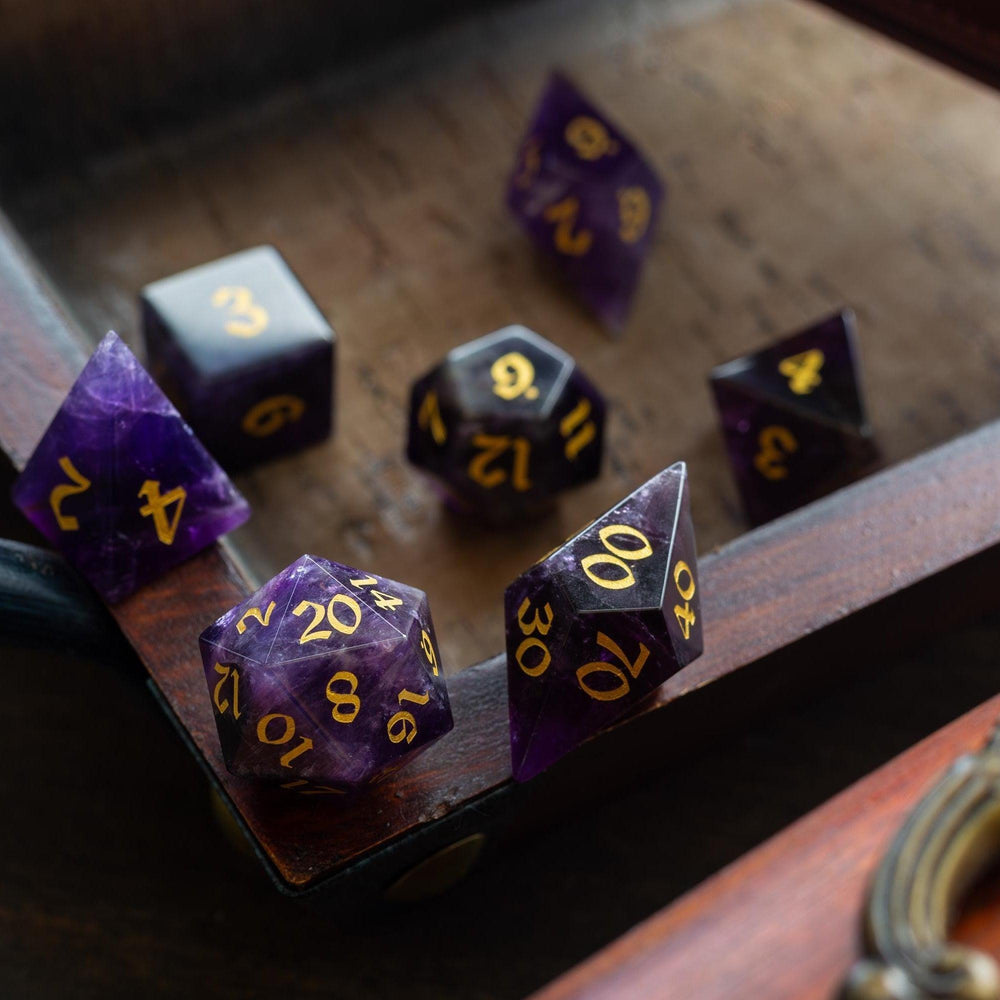Gemstone Purple Amethyst Elven Cut DND Dice Set (ONLINE ORDER ONLY)