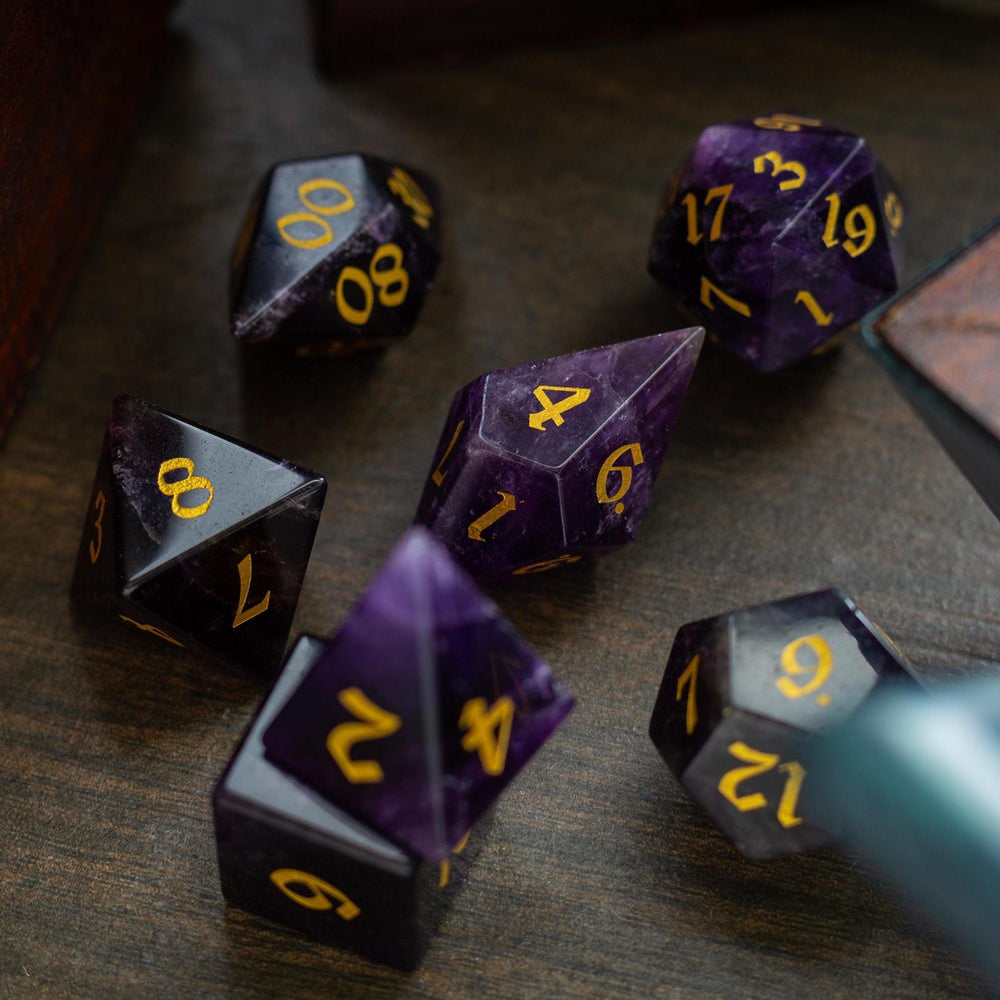 Gemstone Purple Amethyst Elven Cut DND Dice Set (ONLINE ORDER ONLY)