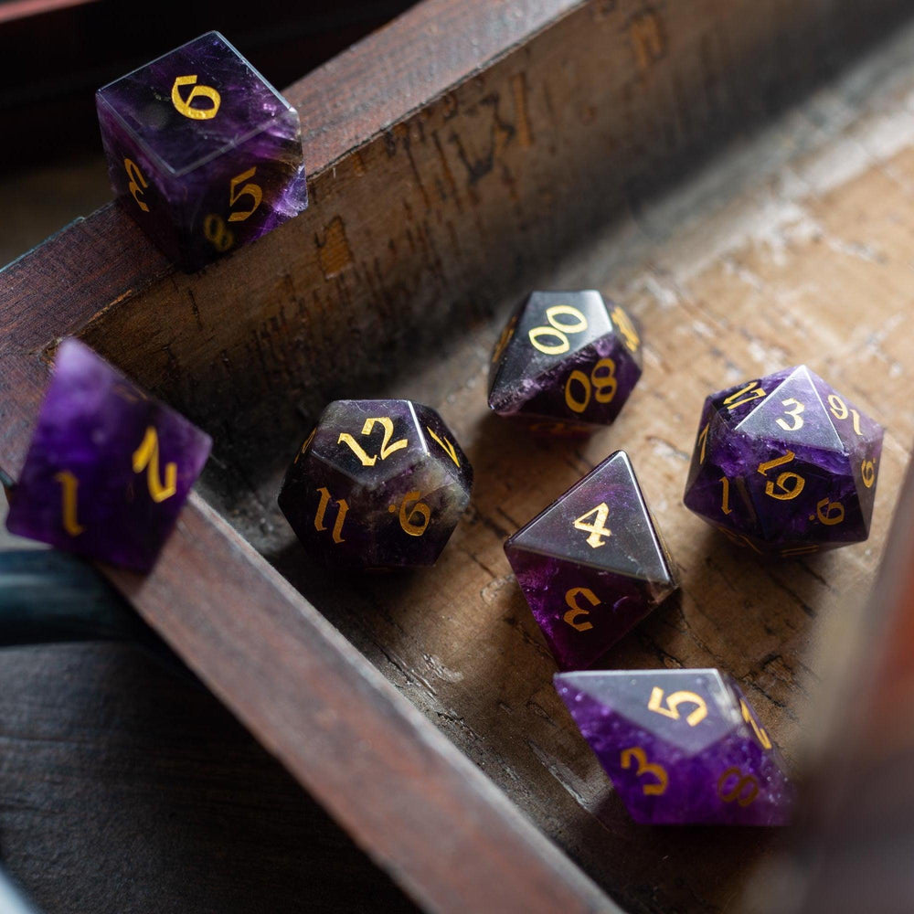 Gemstone Purple Amethyst Elven Cut DND Dice Set (ONLINE ORDER ONLY)
