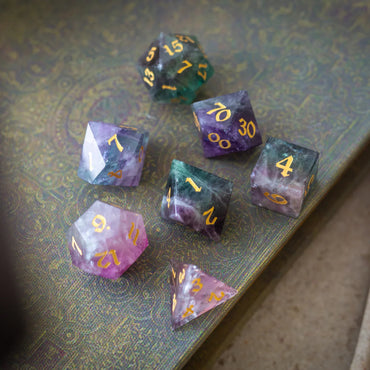 Gemstone Rainbow Fluorite Hand Carved DND Dice Set (ONLINE ORDER ONLY)