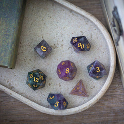 Gemstone Rainbow Fluorite Hand Carved DND Dice Set (ONLINE ORDER ONLY)