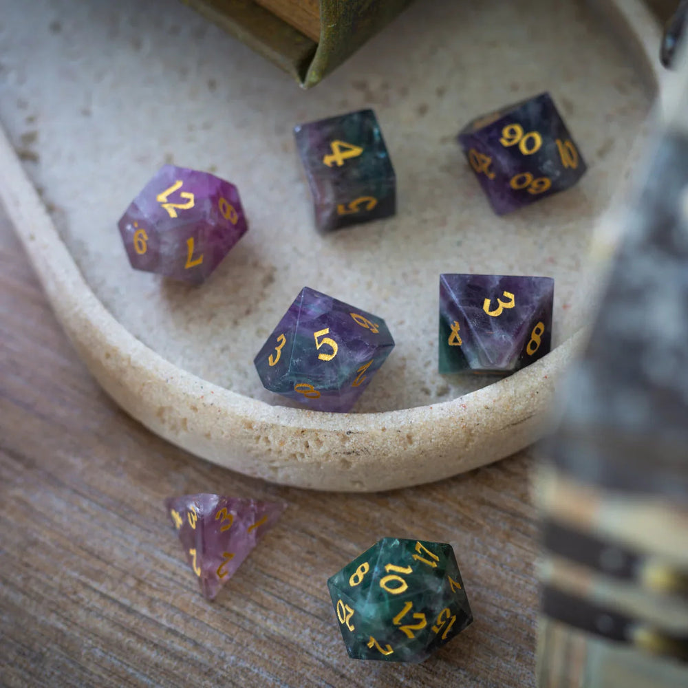Gemstone Rainbow Fluorite Hand Carved DND Dice Set (ONLINE ORDER ONLY)
