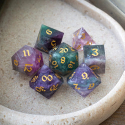 Gemstone Rainbow Fluorite Hand Carved DND Dice Set (ONLINE ORDER ONLY)