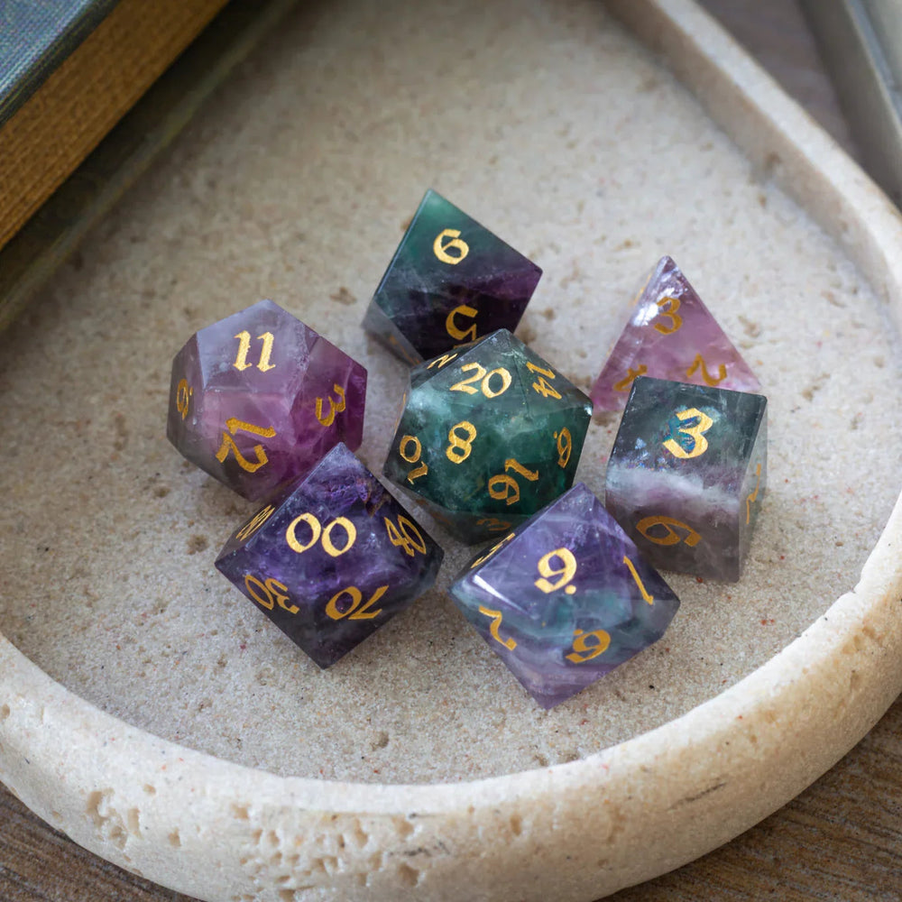 Gemstone Rainbow Fluorite Hand Carved DND Dice Set (ONLINE ORDER ONLY)